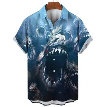 Мужские рубашки Piranha 2023, гавайская рубашка с морскими животными и 3D рисунком Кауала, мужская летняя модная рубашка для мужчин, уличный топ с короткими рукавами на пуговицах