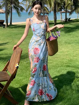 Новое модное длинное платье на бретельках с французским цветочным принтом для женщин на летних каникулах, платья-русалки, женская одежда