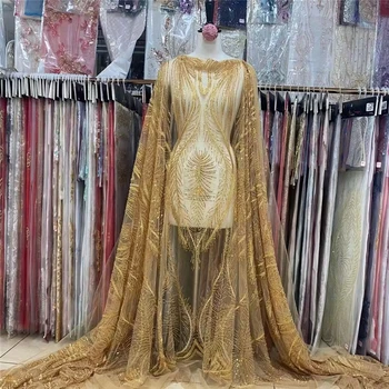 Новое поступление, кружевное свадебное платье золотого цвета с ручной вышивкой, прозрачная ткань, украшенная блестками, 5 ярдов нетто