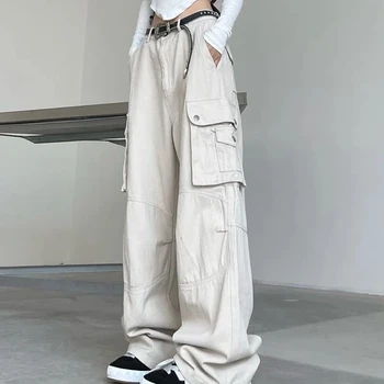 Новые женские свободные широкие брюки-карго в стиле тяжелой промышленности в американском ретро С несколькими карманами, женские однотонные брюки-карго