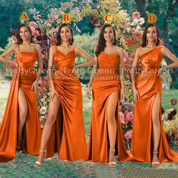 Оранжевые Длинные платья подружек невесты со складкой в виде серпантина, Платье-футляр с разрезом по бокам, платье-футляр для гостей, вечерние платья
