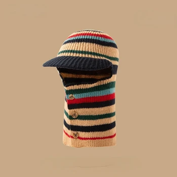 Осенне-зимний вязаный бомбер с защитой для ушей, женские японские винтажные кепки в полоску с теплой горловиной, цельные шерстяные велосипедные кепки для родителей и детей