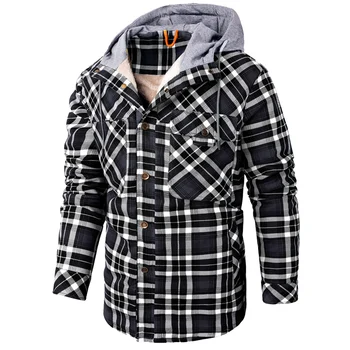 Осенне-зимняя мужская клетчатая рубашка, куртка, новая мода, мужские шерстяные куртки с отложным воротником и пуговицами, шляпа, пальто, куртка с капюшоном, Большой размер 1