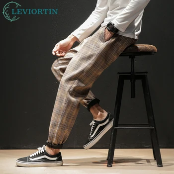 Осенние клетчатые брюки, мужские модные хлопковые повседневные брюки в стиле ретро, мужская уличная одежда, приталенные Прямые брюки с завязками, мужские M-5XL