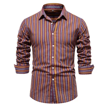 Осенью 2023 года Новые мужские повседневные рубашки, модная полосатая хлопчатобумажная рубашка с длинными рукавами, базовая универсальная классическая модная мужская одежда
