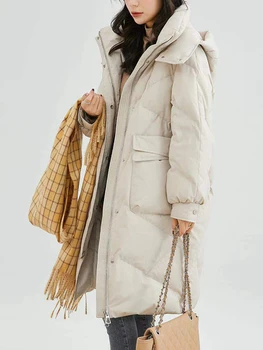 Повседневные Длинные Парки Для женщин Abrigos De Plumas 2023 Зимняя мода Пуховики с карманами на молнии Свободные Утепленные Теплые пальто с капюшоном