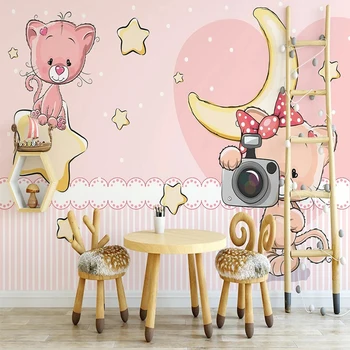 Пользовательские большие настенные обои 3D Розовый Медвежонок Луна Звезды Настенная живопись для детской спальни Украшение комнаты принцессы для девочек