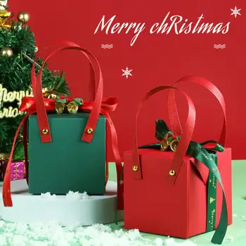 Праздничная Коробка Печенья Коробка Рождественского Угощения Праздничная Рождественская Подарочная Коробка Элегантная Ручка Бант Лента Колокольчик Декор Кубический для Праздников