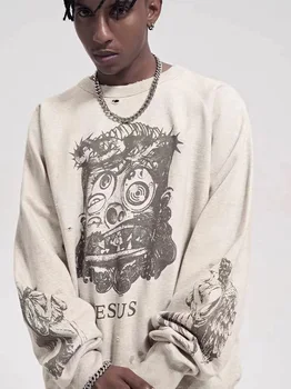 Пуловер с изображением Святого Михаила, Мураками Такаши, Ручная роспись, круглый вырез в стиле хип-хоп, длинный рукав, осень и зима для мужчин