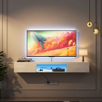 [Распродажа Flash] Настенная плавающая 65-дюймовая подставка для телевизора с 16 цветными светодиодами, корпус для телевизора, белый [US-W]