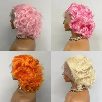 Розовые синтетические парики с короткими волосами на шнурке, волнистый парик-боб на шнурке спереди для женщин, косплей, Термостойкий ярко-оранжевый светлый парик