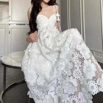 Роскошное Белое кружевное платье Для женщин 2023, Летние Открытые Элегантные платья, женское вечернее роскошное платье на бретельках