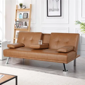 Современный раскладывающийся футон из искусственной кожи Alden Design с подстаканниками и подушками, коричневый диван для гостиной