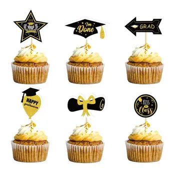 Топперы для выпускных кексов, черные с золотом, поздравления, принадлежности для выпускных кексов, Выпускной кекс