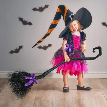 Украшение для вечеринки в честь Хэллоуина, метла ведьмы с лентой - идеальный аксессуар для фотобудки и сувенир для жутких торжеств