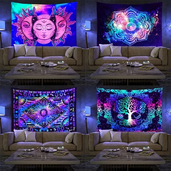 Флуоресцентное Одеяло с Мандалой, Светящееся на стене, Подвесная ткань, Гобелены, Домашняя комната, Психоделический декор, Эстетичный, УЛЬТРАФИОЛЕТОВЫЙ свет
