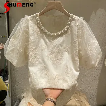 Французская слоеная рубашка с круглым вырезом и коротким рукавом, расшитая бисером, женская летняя блузка с новым дизайном и вышивкой крючком 2023 года.