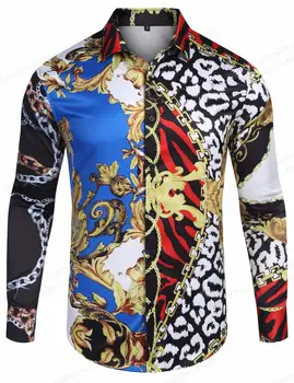 Цепочка Леопардовых Рубашек Мужская Модная Рубашка С Длинным Рукавом Гавайские Рубашки Кубинская Пляжная Блузка Мужская Одежда Мужские Камзолы Европейского стиля