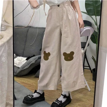 Широкие брюки Harajuku Kawaii, женские прямые брюки с милым мультяшным мишкой, студенческие свободные повседневные брюки в японском элегантном стиле