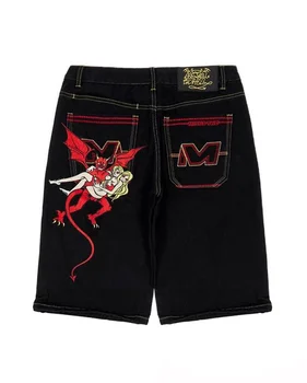 Шорты Y2k минус два в стиле ретро с рисунком демона, свободные джинсовые шорты выше колена в стиле панк-харадзюку, готические шорты, мужская уличная одежда