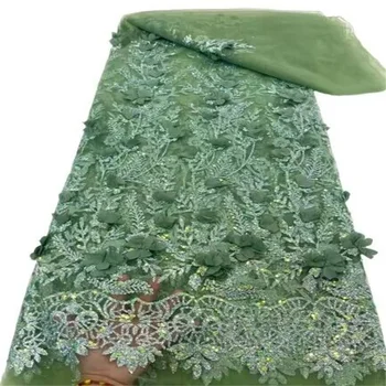 Элегантная французская сетчатая тюлевая кружевная ткань с 3D цветком 2023, зеленые африканские блестки, нигерийская кружевная ткань для свадебного платья для вечеринки