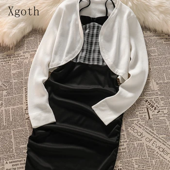 Элегантное платье-кардиган, комплект костюмов из 2 предметов, модная юбка, осенняя клетчатая юбка на подтяжках, внутреннее платье, комплект вязаного кардигана/цельный