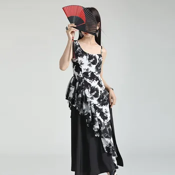 Юбка на подтяжках с завязками, женское летнее сшитое черное платье с разрезом, длинная юбка в стиле Heavy Industry Slim